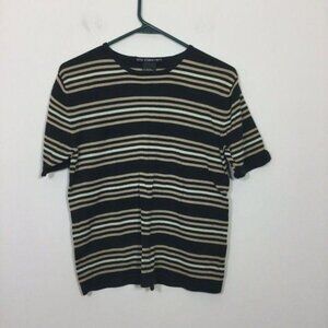 Seta Studio Knits Sweater Women Size L Black Tan Striped Silk Blend Short Sleeve